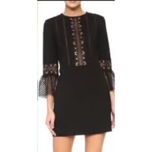 BLOOMINGDALE'S Crochet Detail Nude Lined Black Bell Sleeve Mini Dress Witchy  S